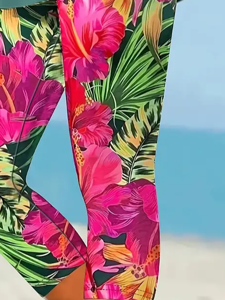 Women's Floral Capris Elastic Waist Pant Casual Summer Trousers