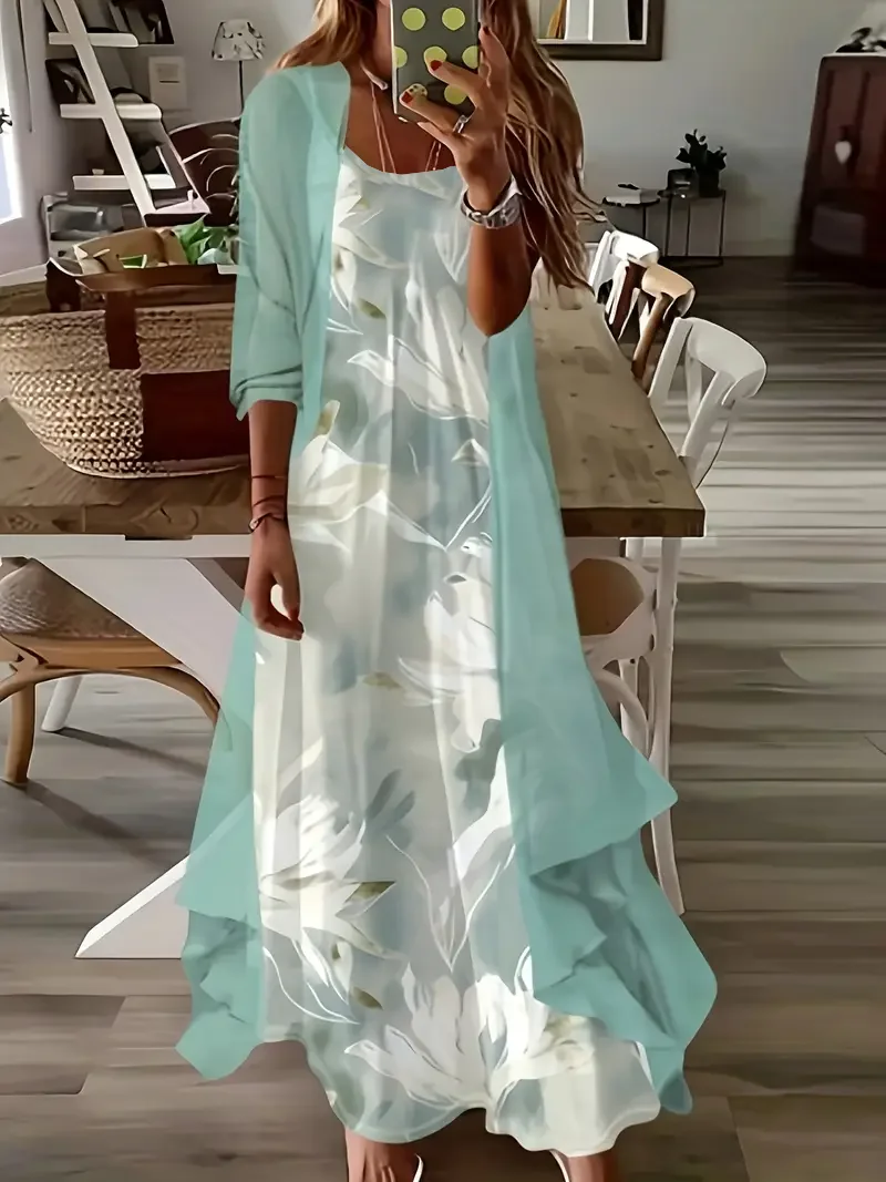 Women Floral Printing Two-Piece Set Daily Three Quarter Sleeve Casual Spring/Fall Dress With Coat Matching Set