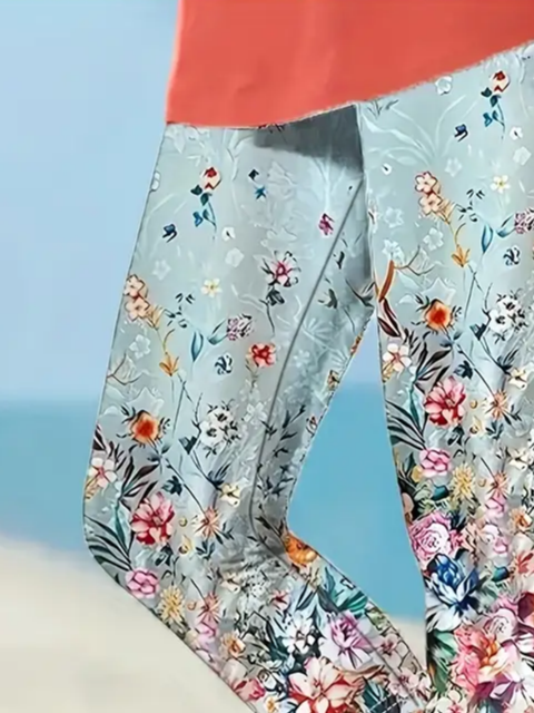 Women's Floral Capris Elastic Waist Pant Casual Summer Trousers