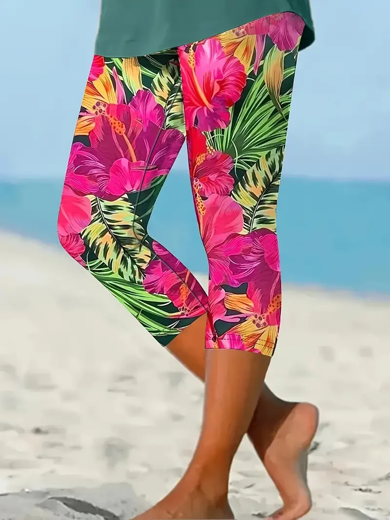 Women's Floral Capris Elastic Waist Pant Casual Summer Trousers