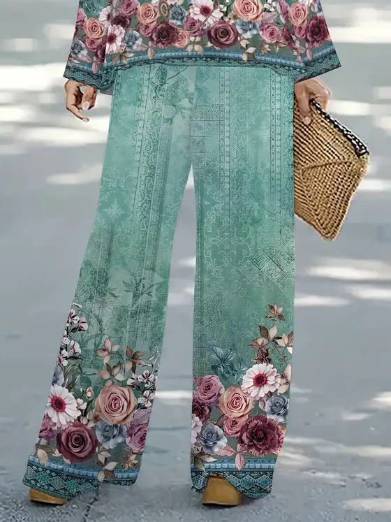 Women's Floral Printing Two-Piece Set Daily Long Sleeve Casual Spring/Fall Top With Pants Matching Set