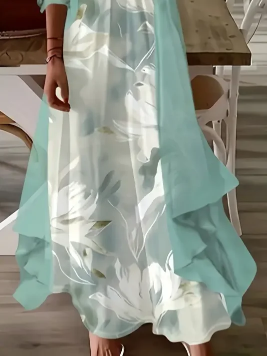Women Floral Printing Two-Piece Set Daily Three Quarter Sleeve Casual Spring/Fall Dress With Coat Matching Set