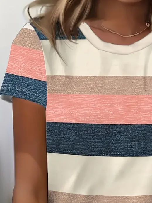 Women's Striped Short Sleeve Tee T-shirt Crew Neck Printing Casual Summer Graphic Tee Top
