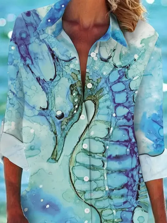 Women's Marine Life Long Sleeve Shirt Spring/Fall Printing Shirt Collar Daily Casual Top