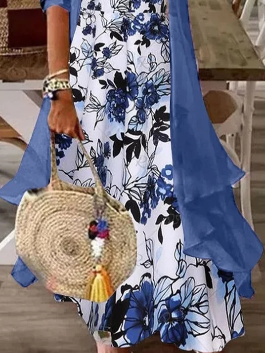 Women Floral Printing Two-Piece Set Daily Three Quarter Sleeve Casual Spring/Fall Dress With Coat Matching Set