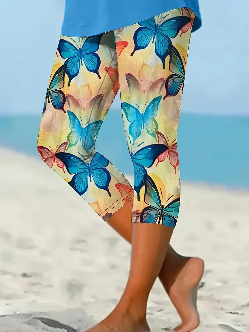 Women's Butterfly Capris Elastic Waist Pant Casual Summer Trousers