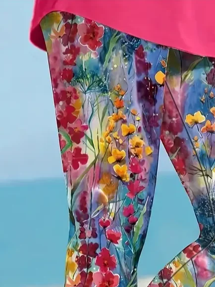Women's Floral Capris Elastic Waist Pant Casual Summer Trousers