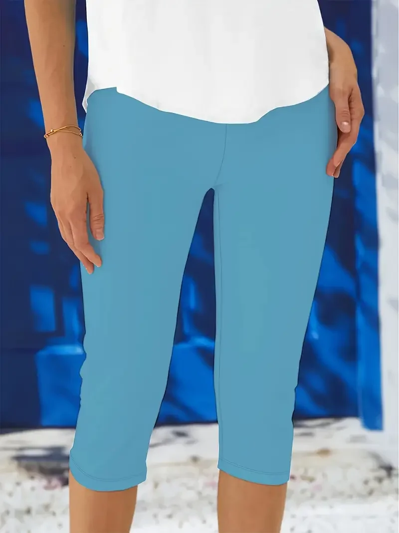 Women Plain Capris Elastic Waist Pant Casual Summer Trousers