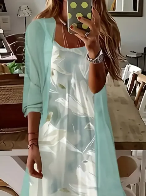 Women Floral Printing Two-Piece Set Daily Three Quarter Sleeve Casual Spring/Fall Dress With Coat Matching Set