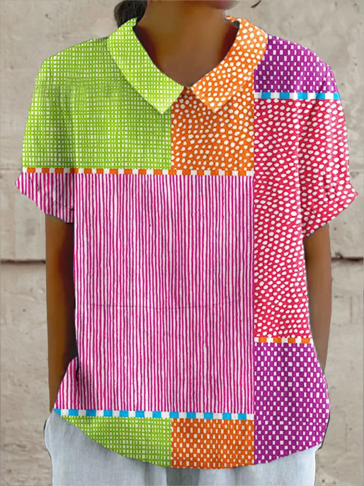 Women Striped Short Sleeve Shirt Summer Shirt Collar Daily Casual Top