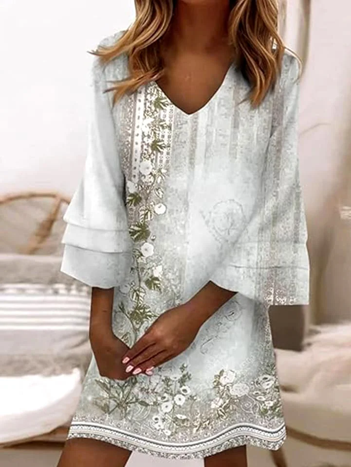 Women Floral Long Sleeve Spring/Fall Dress V Neck Daily Casual Mini A-Line Dress