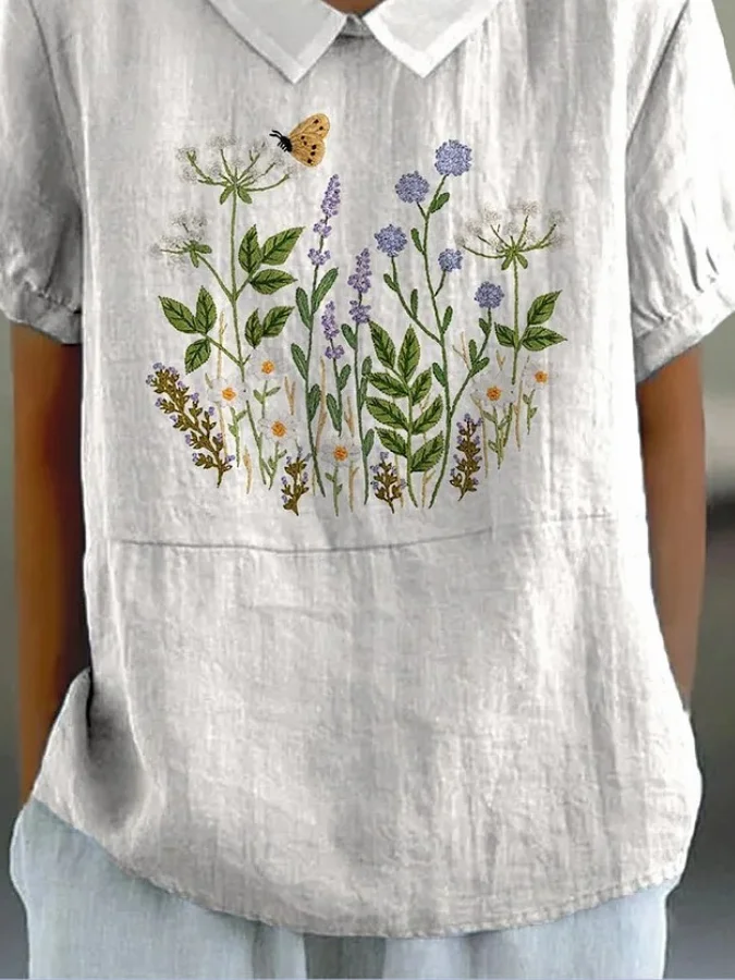 Women Floral Half Sleeve Blouse Summer Shawl Collar Daily Casual Top