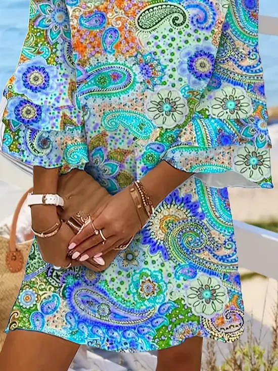 Women's Floral Half Sleeve Summer Printing Dress V Neck Daily Casual Midi Classic H-Line Dress