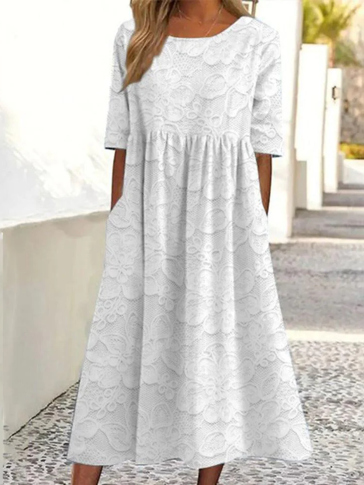 Women Floral Short Sleeve Summer Dress Crew Neck Daily Casual Maxi A-Line Dress