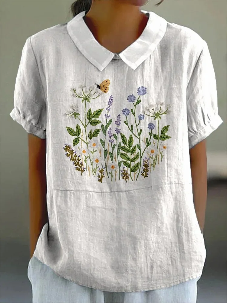 Women Floral Half Sleeve Blouse Summer Shawl Collar Daily Casual Top
