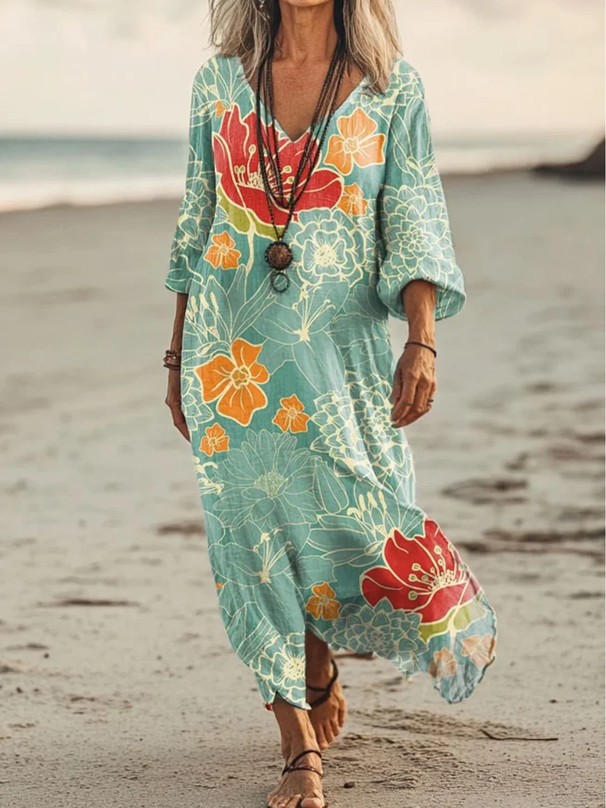 Women Floral Short Sleeve Summer Dress V Neck Daily Vintage Maxi T-Shirt Dress A-Line Dress
