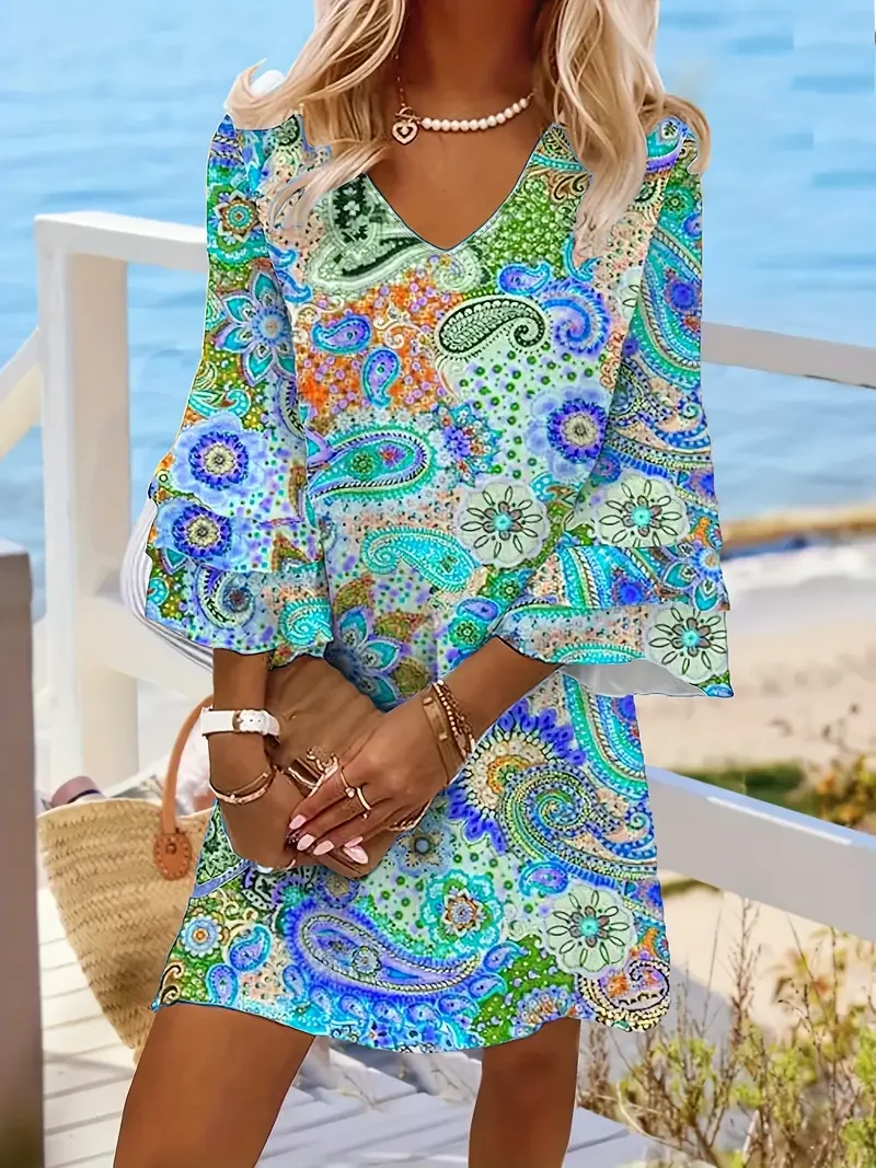 Women's Floral Half Sleeve Summer Printing Dress V Neck Daily Casual Midi Classic H-Line Dress