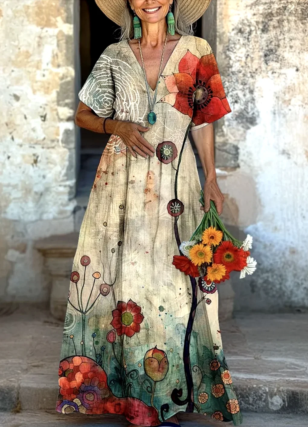 Women Floral Short Sleeve Summer Dress V Neck Daily Casual Maxi A-Line Dress