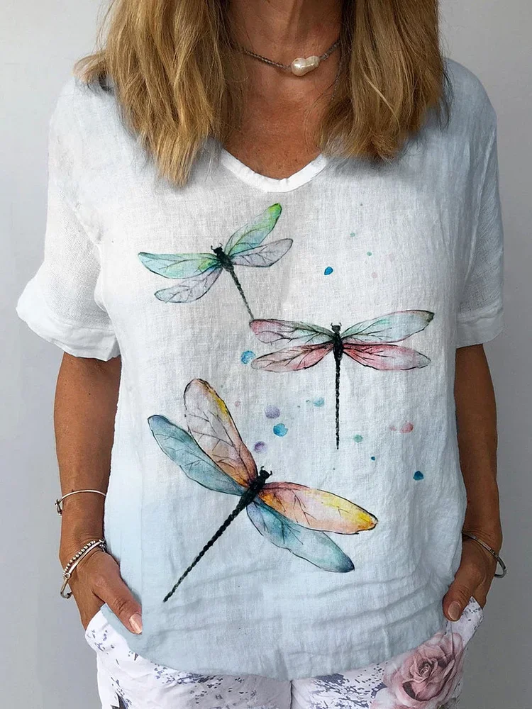 Women Dragonfly Short Sleeve Blouse Summer Crew Neck Daily Casual Top