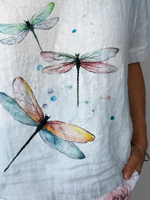 Women Dragonfly Short Sleeve Blouse Summer Crew Neck Daily Casual Top