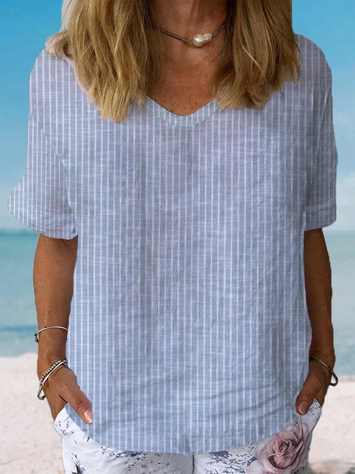 Women Striped Short Sleeve Blouse Summer Crew Neck Daily Casual Top