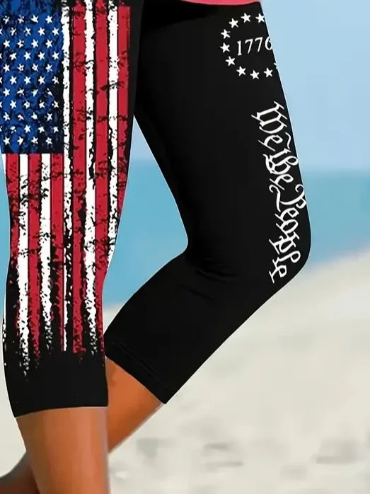 Women Independence Day (Flag) Capris Elastic Waist Pant Casual Summer Trousers
