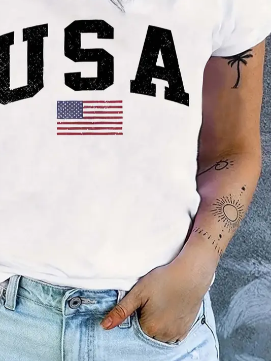 Women Independence Day (Flag) Short Sleeve Tee T-shirt Crew Neck Printing Casual Summer Graphic Tee Top
