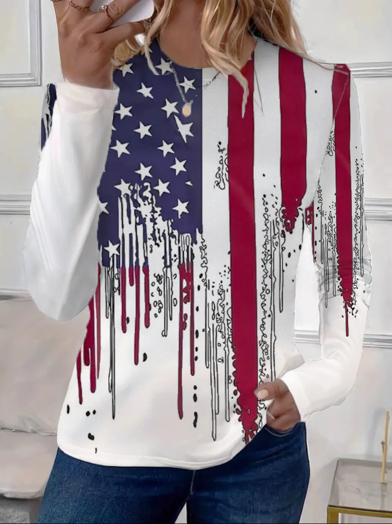 Women Independence Day (Flag) Long Sleeve Tee T-shirt Crew Neck Printing Casual Spring/Fall Graphic Tee Top