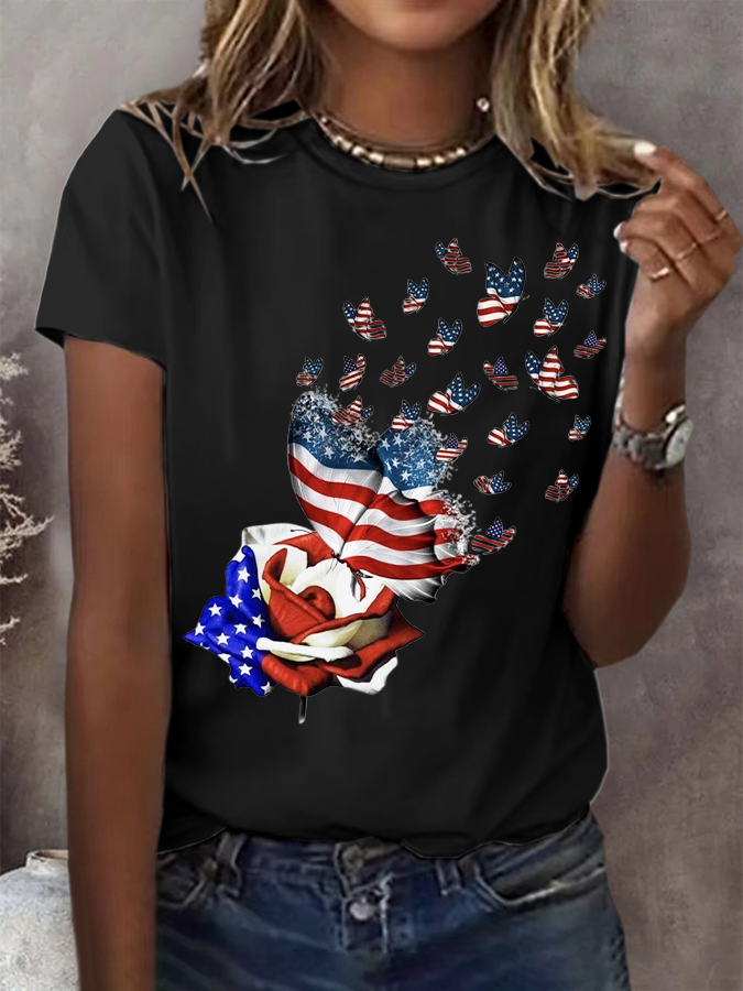 Women Independence Day (Flag) Short Sleeve Tee T-shirt Crew Neck Printing Casual Summer Graphic Tee Top