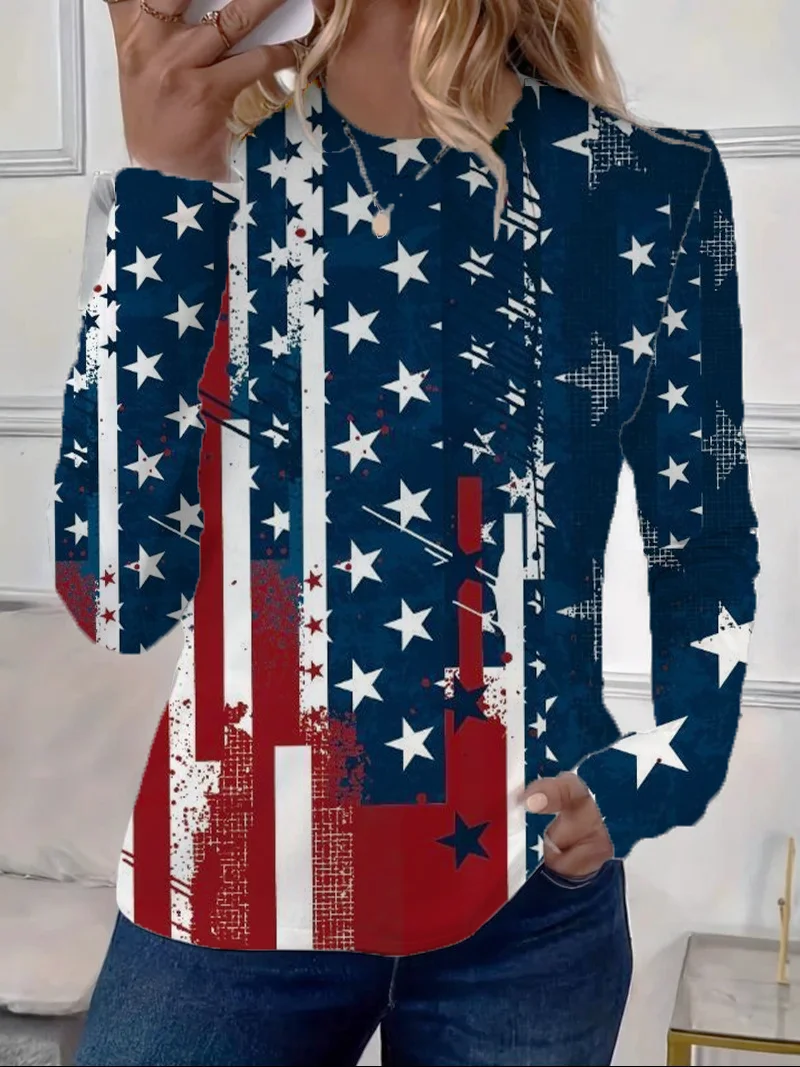 Women America Flag Long Sleeve Tee T-shirt Crew Neck Printing Casual Spring/Fall Graphic Tee Top