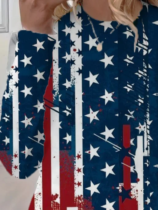Women America Flag Long Sleeve Tee T-shirt Crew Neck Printing Casual Spring/Fall Graphic Tee Top