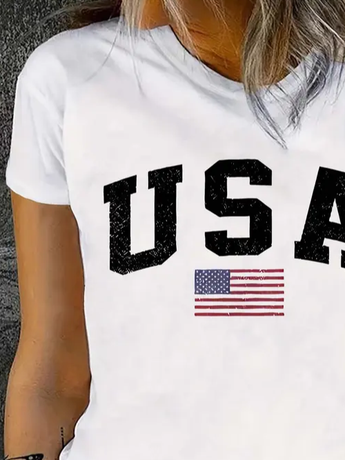 Women Independence Day (Flag) Short Sleeve Tee T-shirt Crew Neck Printing Casual Summer Graphic Tee Top