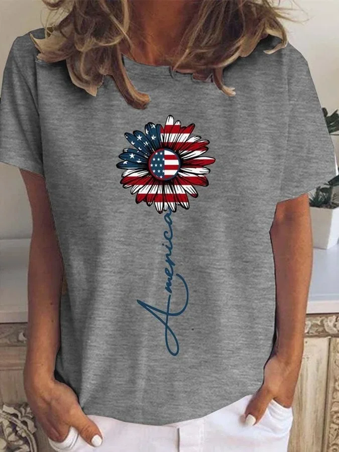 Women Independence Day (Flag) Short Sleeve Tee T-shirt Crew Neck Printing Casual Summer Graphic Tee Top
