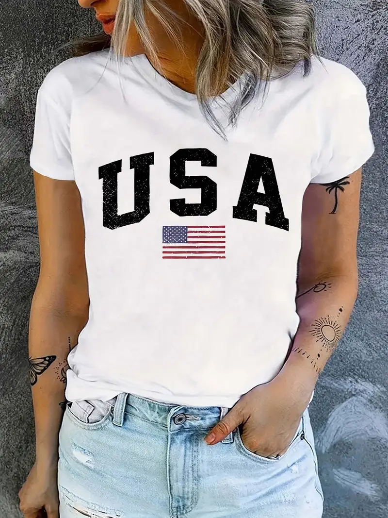 Women Independence Day (Flag) Short Sleeve Tee T-shirt Crew Neck Printing Casual Summer Graphic Tee Top