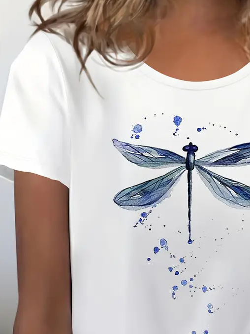 Women Dragonfly Short Sleeve Tee T-shirt Crew Neck Printing Casual Summer Graphic Tee Top