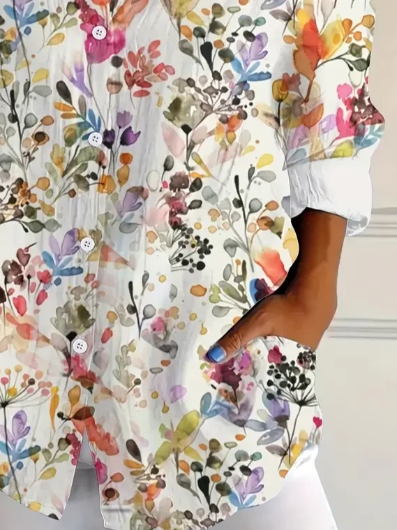 Women Floral Long Sleeve Shirt Spring/Fall Buckle Shirt Collar Daily Casual Top