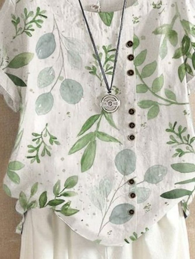 Women Floral Half Sleeve Blouse Summer Crew Neck Daily Casual Top