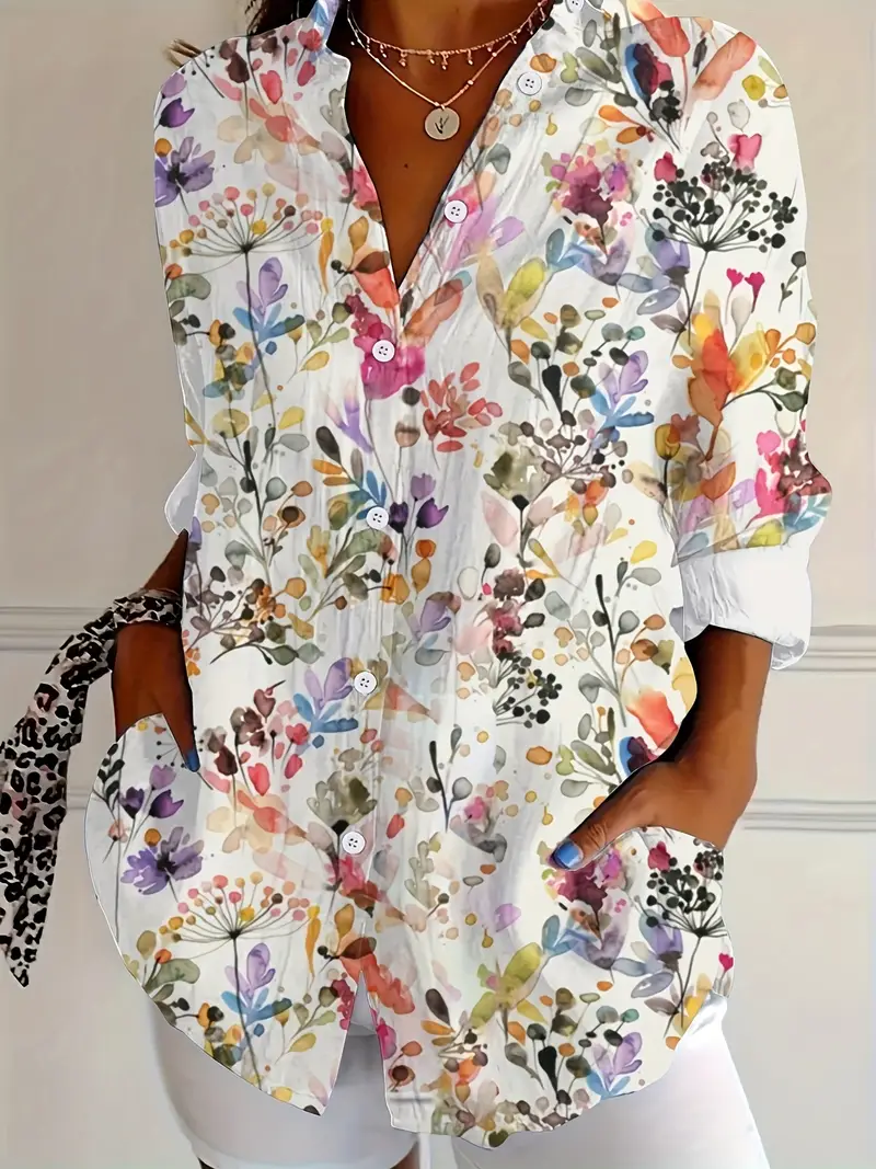 Women Floral Long Sleeve Shirt Spring/Fall Buckle Shirt Collar Daily Casual Top