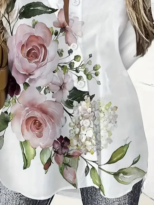 Women Floral Long Sleeve Shirt Spring/Fall Printing Shirt Collar Daily Casual Top