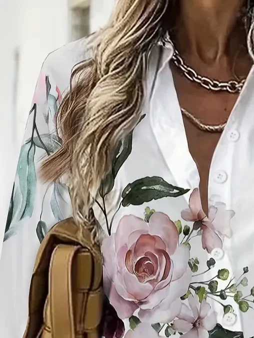 Women Floral Long Sleeve Shirt Spring/Fall Printing Shirt Collar Daily Casual Top