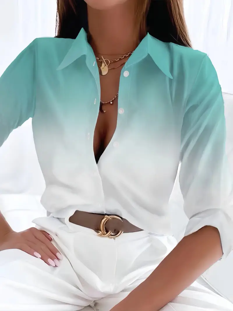 Women Ombre Long Sleeve Shirt Spring/Fall Printing Shirt Collar Daily Casual Top