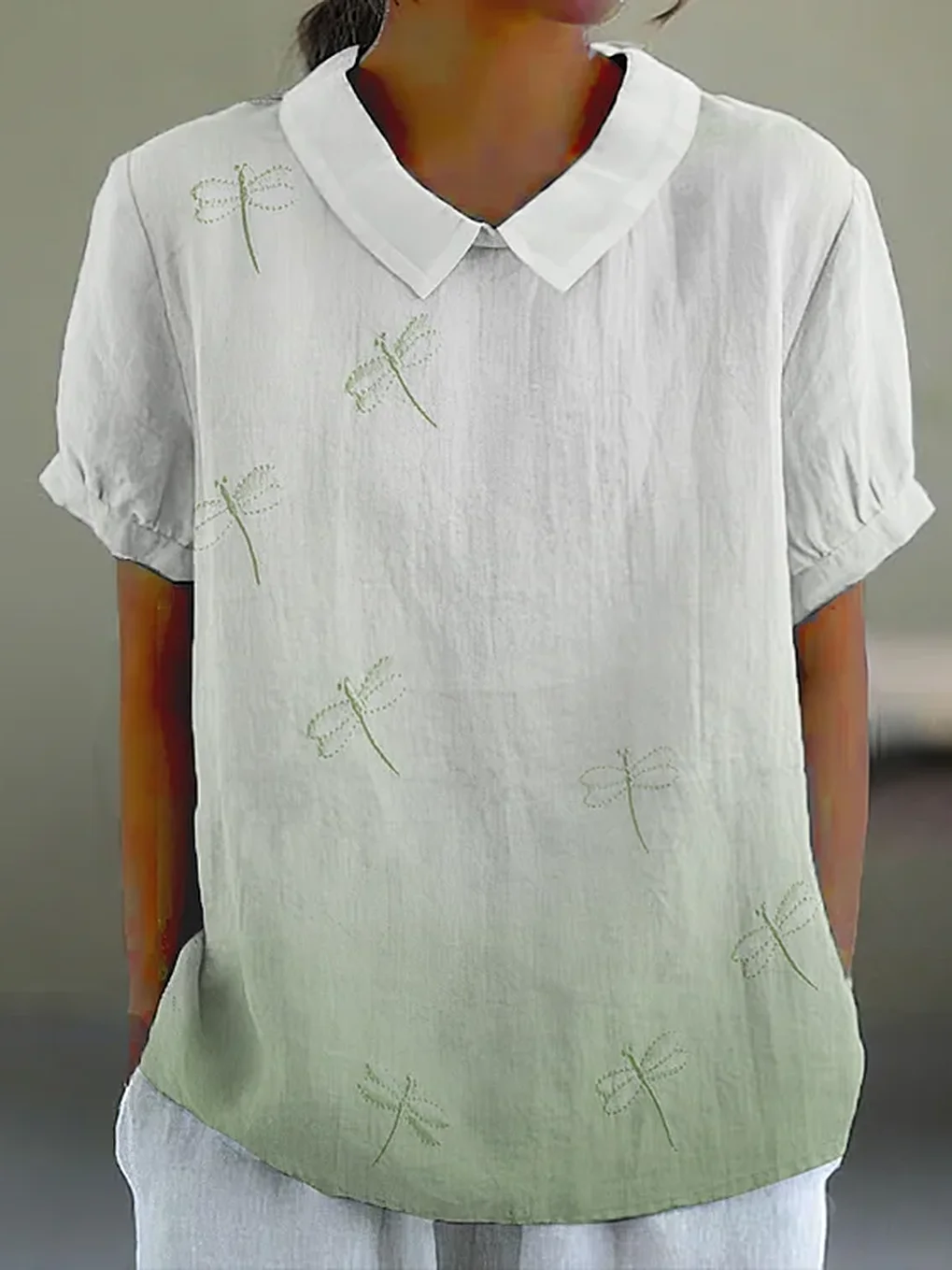 Women Dragonfly Short Sleeve Shirt Summer Shawl Collar Daily Casual Top