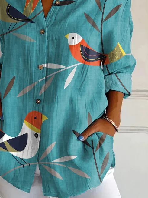 Women Bird Long Sleeve Shirt Spring/Fall Buckle Shirt Collar Daily Casual Top