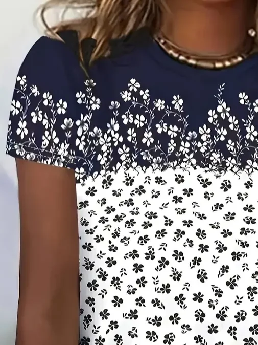 Women Floral Short Sleeve Tee T-shirt Crew Neck Printing Casual Summer Graphic Tee Top