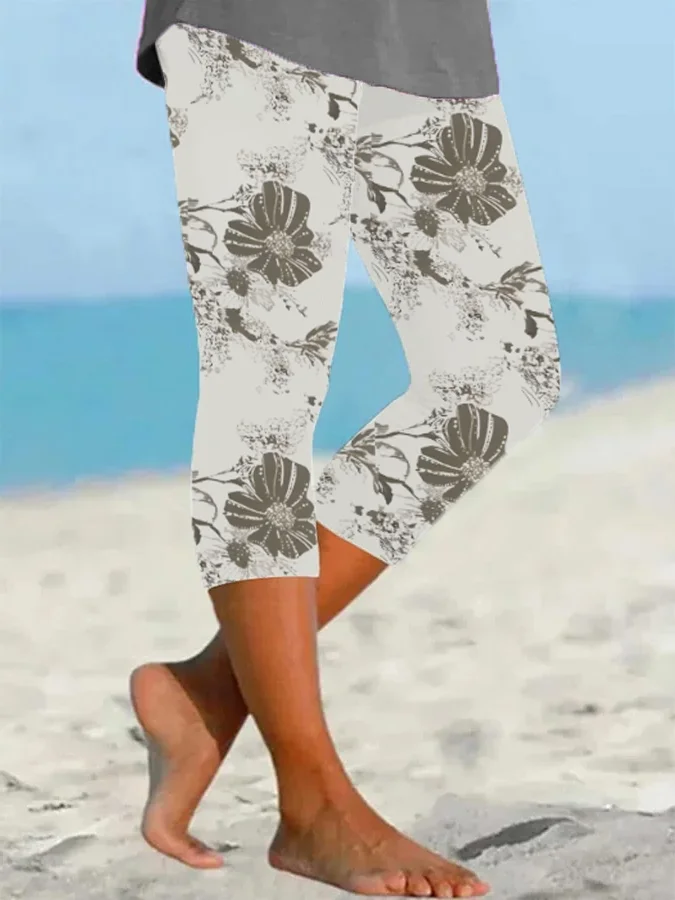 Women's Floral Capris Elastic Waist Pant Casual Summer Trousers