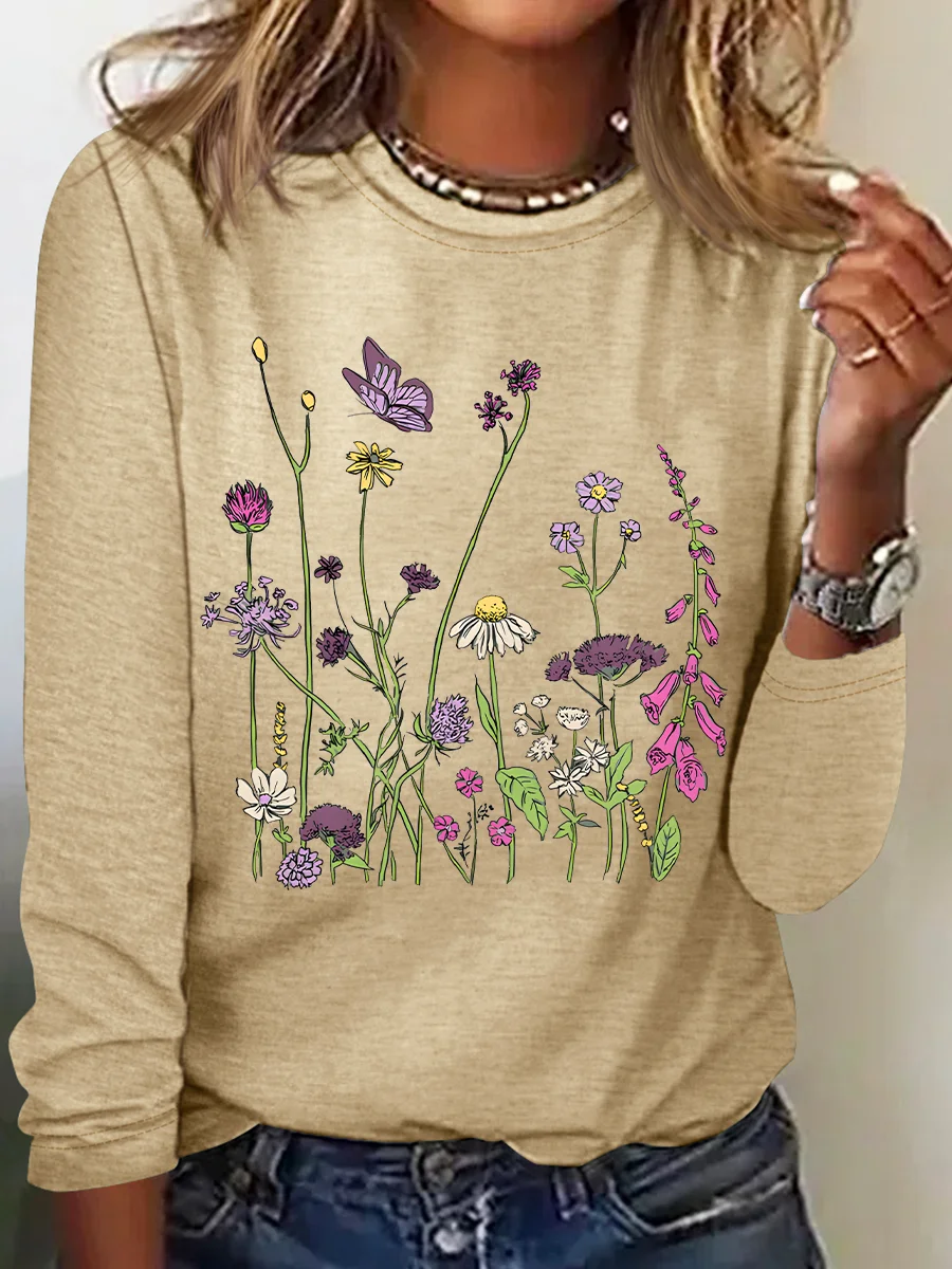 Women Floral Long Sleeve Blouse Spring/Fall Crew Neck Daily Casual Top
