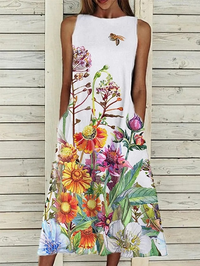 Women Floral Sleeveless Summer Dress Crew Neck Daily Casual Maxi A-Line Dress