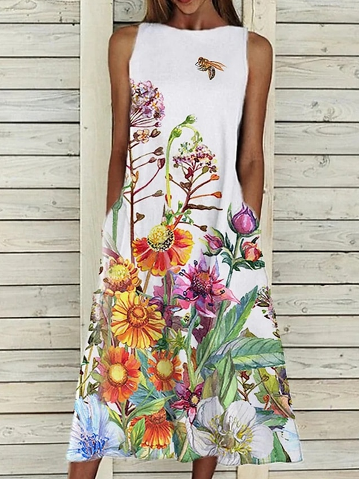 Women Floral Sleeveless Summer Dress Crew Neck Daily Casual Maxi A-Line Dress