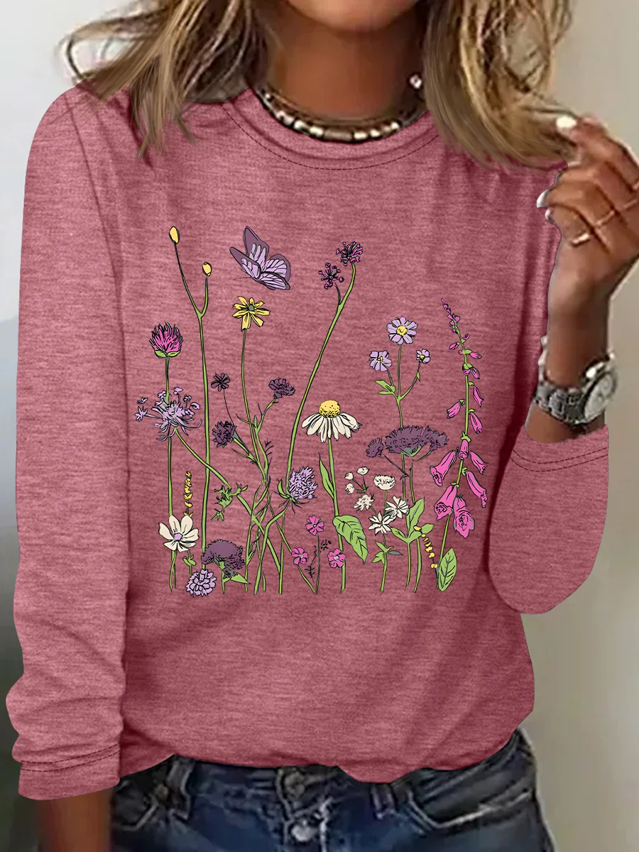 Women Floral Long Sleeve Blouse Spring/Fall Crew Neck Daily Casual Top
