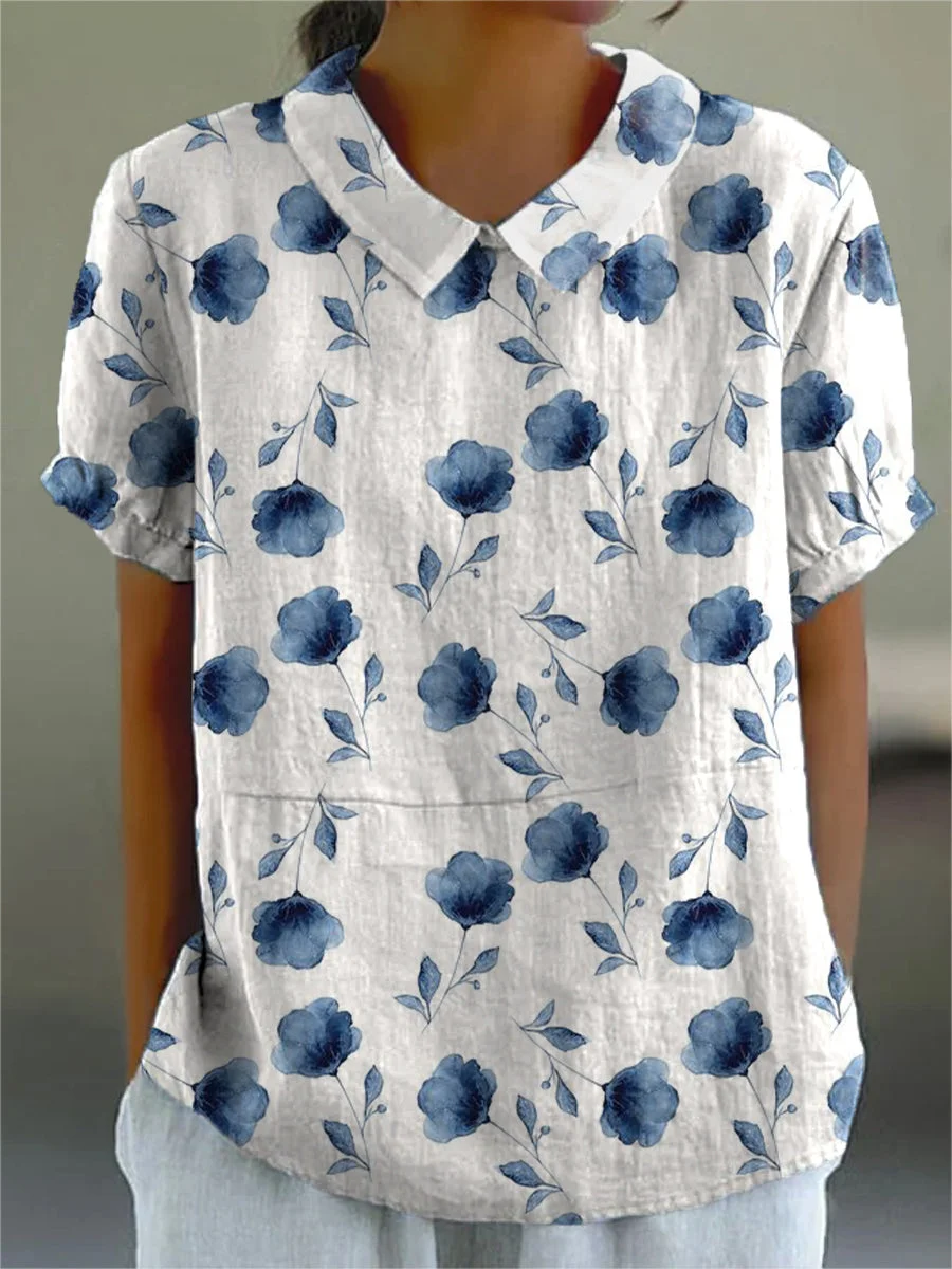 Women Floral Short Sleeve Shirt Summer Printing Shawl Collar Daily Casual Top